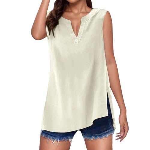 Celucke Ladies Tops 2025, Women's Summer Cotton Linen Cap Sleeve T-Shirts, Button V Neck Tunic Tops, Fashion Baggy Solid Color Plain Casual Lightweight Basic Shirts Trendy Blouse