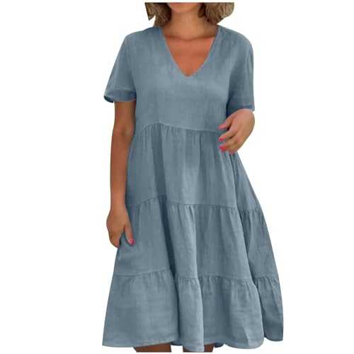 AMhomely Summer Holiday Dress for Women UK Cotton and Linen Dresses Plus Size Midi Length A-line Dress Elegant Casual Swing Dress V Neck Plain Party Dress Tiered Patchwork Dress Beach Sundress