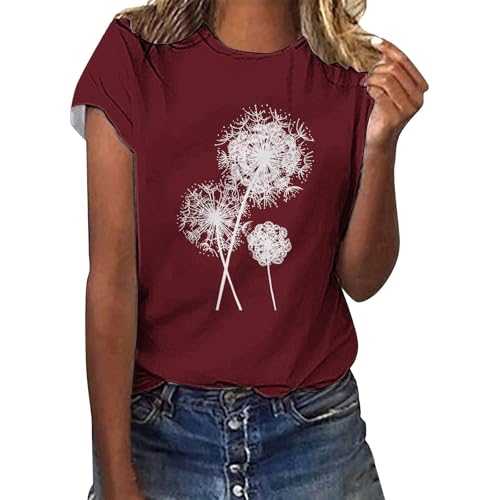 CGGMVCG Casual T Shirts for Women Dandelion Printed Shirt Short Sleeve Round Neck T Summer Short Sleeve Tops for Women