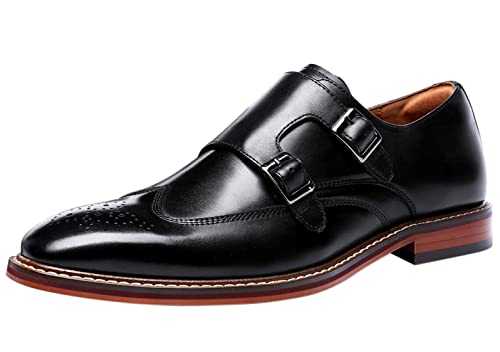 Mens Double Monk Shoes Leather Classic Buckle Strap Slip On Wingtip Brogue Formal Wedding Casual Dress Loafers Black Brown