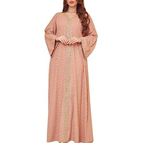 FPOVFPO Womens Muslim Abaya Dress One-Piece V Neck Bronzing Dress Islamic Full Length Kaftan Daily Casual Dress