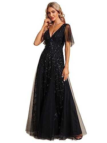 Ever-Pretty Women's V Neck Short Sleeve Elegant Floor Length A Line Long Tulle Evening Dresses 00734