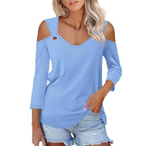 HOOUDO Womens Tops Summer 3/4 Sleeve T-Shirts Cold Shoulder Sexy Blouses Ladies Casual V Neck Tunic Tee Top Loose Plus Size Blouse Shirt