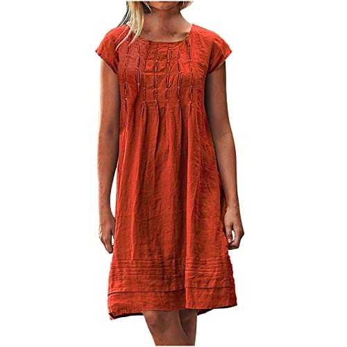 Women Summer Dresses UK Cotton Linen Dress Short Sleeve Midi Dress Elegant Baggy Casual Pleated Dresses Plain Oversized Shirt Dress Solid Holiday Party Beach Sundress