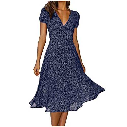 Women Floral Summer Dress Short Sleeve V Neck Midi Dress High Waist Tunic Flared Swing Dress Ladies Chiffon Boho Dress