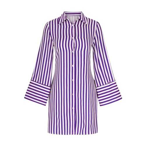 Today Deals Prime Striped Midi Dresses for Women Elegant Shirt Dress Long Sleeve Button Down Oversized Beach Dresses Summer Fall Loose Casual Holiday Dresses Lapel Tunic Dresses