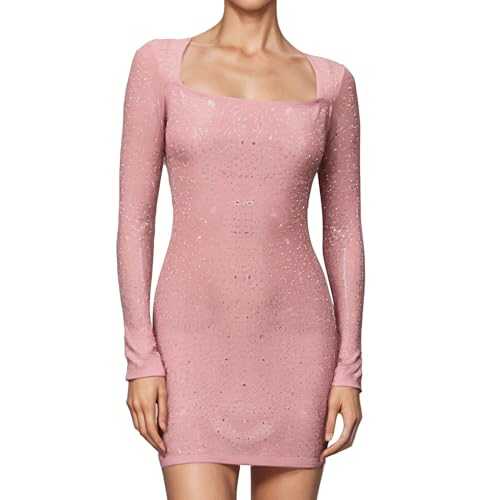 IBAKOM Sequin Bodycon Mini Dress for Women Sexy Sheer Mesh Long Sleeve Square Neck Rhinestones Mini Dress Semi See-Through Bodycon Glitter Party Dress