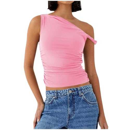One Shoulder Tops for Women Summer Trendy Sleeveless Cropped Tops Slim Fit Ruched Side Y2K Fashion Tees Shirts