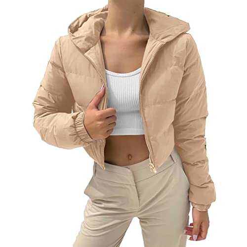 BiCophy Womens Winter Long Sleeve Zip Up Cropped Puffer Down Jackets Padding Warm Baggy Loose Quilted Short Down Hooded Coat with Pockets