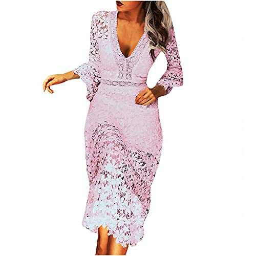 Womens Party Dress 3/4 Lace Sleeve Elegant Sheath Dress Ladies Summer Long Sleeve Dress Crochet Lace A line Maxi Dress Lady High Waist Party Bridesmaid Swing Skirt Skater Cocktail