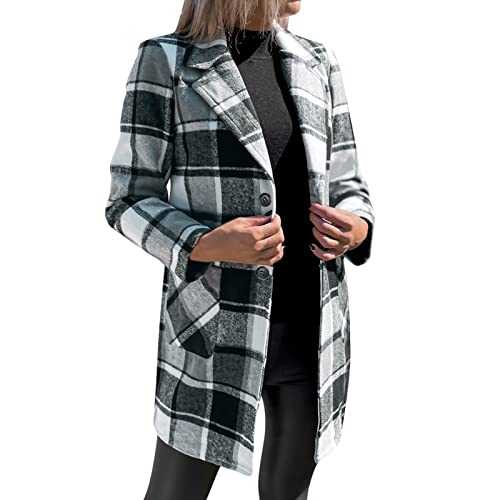 LUCKME Check Trench Coats for Women UK,Ladies Plaid Blazer Jacket Warm Slim Mid-Length Wool Coat Overcoat Outwear Winter Coats Sale Clearance UK 8-16