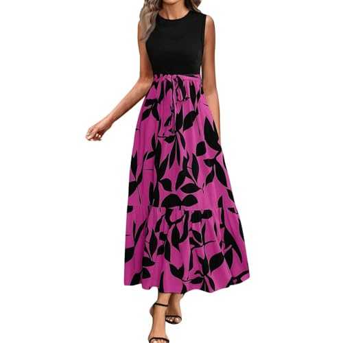 Maxi Dress for Women UK, Summer Crew Neck Sleeveless Floral Print Dresses Classic Comfortable Soft Longline Beach Swing Elegant Styles Going Out Wear Graduation Prom Holiday Daily Sale Clearance