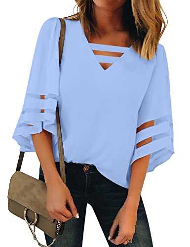 LookbookStore Women's Casual V Neck Mesh Panel Blouse Tops 3/4 Bell Sleeve Shirt
