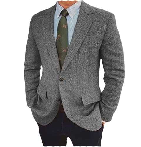 Tiavllya Men's Herringbone Blazer British Tweed Wool Blend Vintage 2 Button Sport Coats Jacket