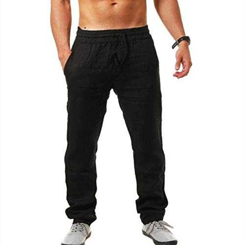 Mens Linen Trousers Loose Fit - Sweatpants Mens Slim Fit Stretch Track Pants Straight-Fit Flat-Front Joggers Bottoms Gym Running Pants Elasticated Waist Drawstring Trouser Casual Work Trousers