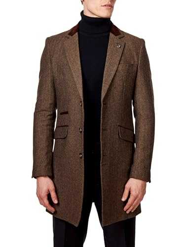 Xposed Men’s Herringbone Long Overcoat Classic Wool Blend Tailored Fit 3/4 Mid Length Coat Jacket