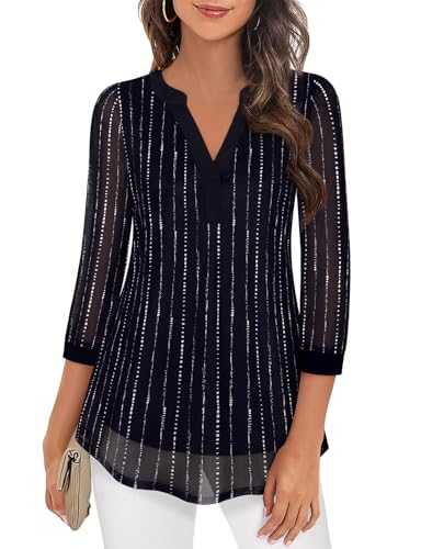 Womens Blouses 3/4 Sleeve Tunic Tops Loose Flowy V Neck Chiffon Top Double Layers Mesh Shirts S-3XL