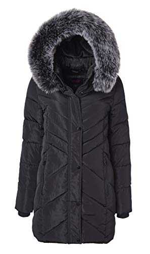 Women Long Quilted Plush Lined Outerwear Puffer Jacket Winter Coat with Fur Hood - Black - Medium