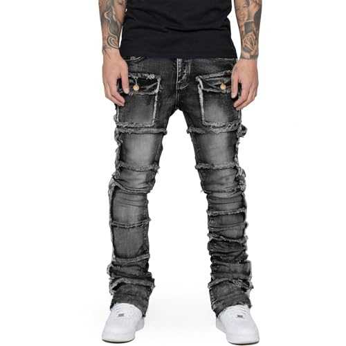 Stretch Stacked Jeans Mens Slim Fit Ripped Cargo Jeans Distressed Straight Leg Hip Hop Trousers with Pockets