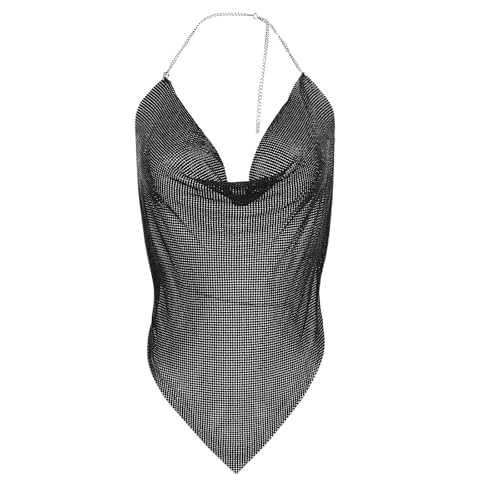 Women Metallic Sequin Glitter Tank Top Backless Nightclub Party Body Chain Sexy Spaghetti Straps Vest Crop Tops Sparkly Sleeveless Deep V-Neck Halter Tops Camisole for Night Club Party Rave Outfits