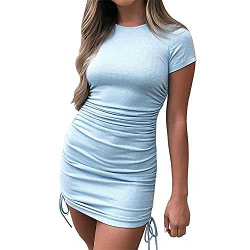 Women Mini Dresses Short Sleeve Casual Loose Tunic Round Neck Long Tshirt Mini Dress Side Drawstring Short Sleeveless Bodycon Tank Dress Women's Round Neck Thread Short Sleeve Drawstring Hip Dress