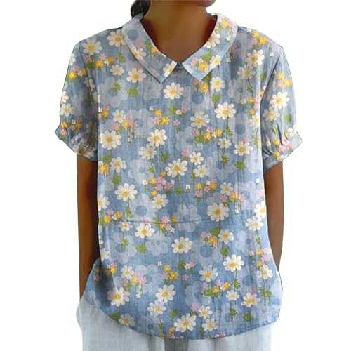 Women's Linen Lapel Art Floral Round Neck Loose Pullover Top Casual Shirt T Shirt Basics Long Sleeved T Women