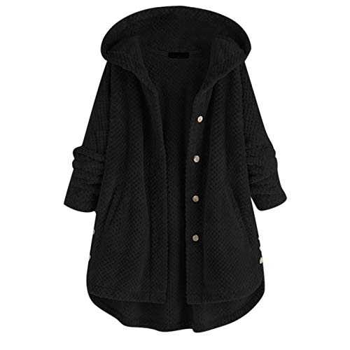 Womens Fuzzy Fleece Coat Winter Warm Open Front Long Sleeve Solid Color Plush Coats Casual Loose Button Hooded Outwear Ladies Comfy Soft Fluffy Plus Size Pockets Overcoat Cardigan Jacket