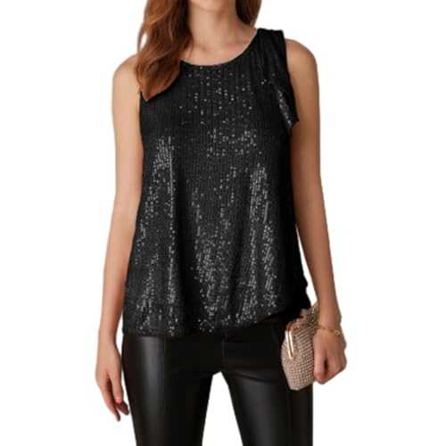 GRACE KARIN Women Sequin Tops Ladies Crew Neck Sparkly Club Night Out Loose Longline Sleeveless Vest Shirts