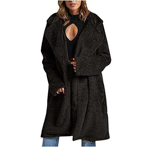 LUCKME Fleece Coat Women Faux Fur Trench Coat Teddy Bear Lapel Coat Open Front Long Sleeves Warm Fluffy Longline Coat Plain Sherpa Jacket Outwear Overcoat for Autumn & Winter UK Size