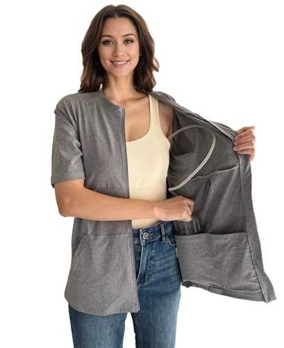 Youdiao Mastectomy Shirts with Drain Pockets Post-Surgery Must Haves Soft Full Front Zip-Up Short Sleeve Recovery Tops