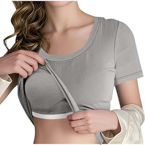 Women's Tops with Built in Bra Ladies Summer T Shirts Short Sleeve Tops Casual Crewneck Ribbed Knit Slim Fitted Basic Tees Stretchy Shirts Underwear Summer Trendy Outfits
