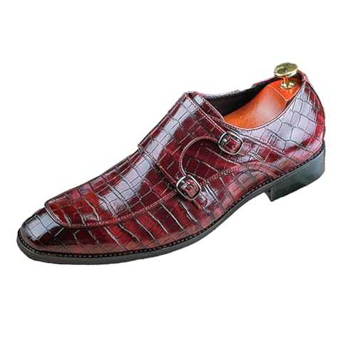 Mens Print Double Monk Strap Loafer Fashion Slip-On Dress Oxford Shoes Comfortable Round Toe Low Block Heel Formal Business Casual Leather Shoes