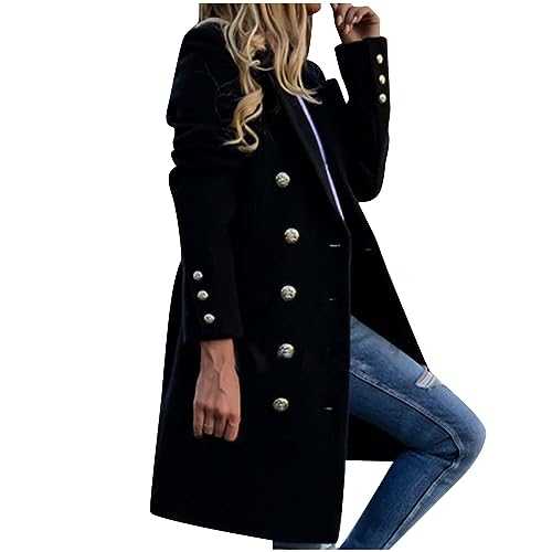 HAOLEI Winter Coat Womens Warm Double Breasted Peacoat Trench Suit Jacket Overcoat with Pockets Ladies Wool Coats Fall Mid-Length Lapel Cardigan Open Front Long Trench Pea Coat Elegant Work Blazer