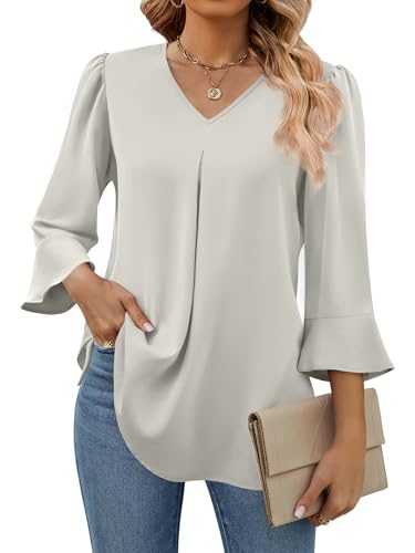 Funlingo Womens Tunic Tops Dressy Casual V Neck Business Chiffon Blouses 3/4 Length Sleeve Pleated Trendy Work Shirts