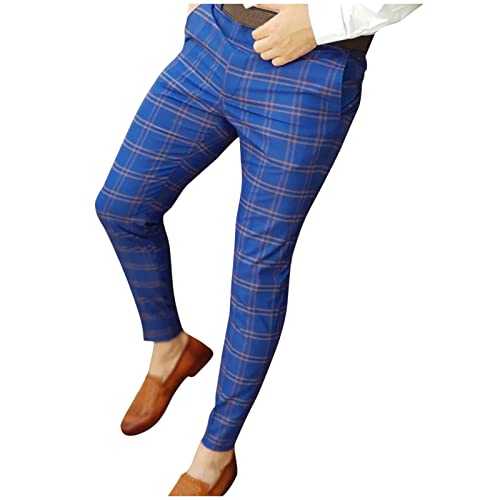 Cargo Trousers for Men UK Slim Fit Pencil Pants Plaid Printed Casual Breathable Work Trousers Men Business Office Formal Pants Suit Trousers Zipper Lightweight & Breathable & Comfort