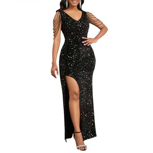 Cololura Women Sequin Elegant Sexy One Shoulder Tassel Mermaid Bodycon Cocktail Evening Dress