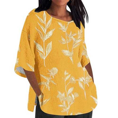 Womens Linen Blouses Casual 3/4 Sleeve Crewneck Tops UK Trendy Oversized Shirts 2024 Summer Floral Print Loose Fit Tshirts Ladies Elegant Going Out Tee Shirts