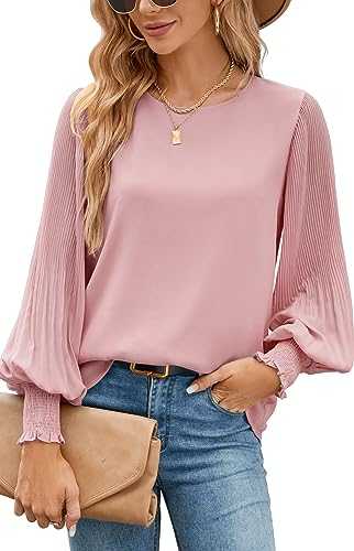 Miehesvo Women's Dressy Chiffon Blouses Pleated Lantern Long Sleeve Crew Neck Tunic Tops Casual Shirts