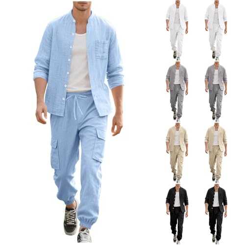 Mens 2 Piece Cotton Linen Sets UK Sale Clearance, Long Sleeve Button Down Shirts and Cargo Work Combat Trousers, Running Joggers Set Athletic Sweat Suits Holiday Outfits Casual Loungewear Sets