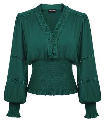 SCARLET DARKNESS Women Renaissance Tops Lace V Neck Lantern Sleeve Smocked Blouse