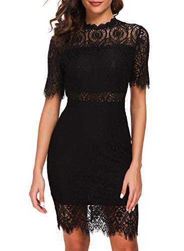 Zalalus Women's Elegant High Neck Short Sleeves Lace Cocktail Party Dress