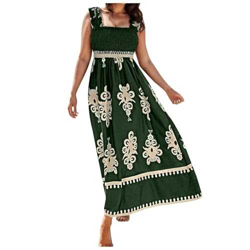 Summer Dresses for Women UK Fashion Sleeveless Beach Wear Dress Casual Square Neck Maxi Dresses Elegant Waist Print Tank Dress Flowy Swing Hem Party Dresses for Daily Vacation