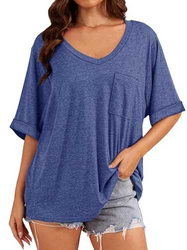 GEHENG Womens Oversized T Shirts V Neck Rolled Sleeve Pocket Summer Tops Casual Loose Basic Tee Shirts 2024 Trendy