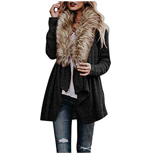 HHMY Plush Jackets for Women - Irregular Cardigan Winter Warm Cardigan Plain Teddy Fleece Jacket with Faux Fur Collar Elegant Coat Long Leisure S - XXL