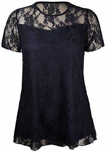 New Womens Floral Lace Short Sleeve Ladies Flower Lined Patterned Stretch T-Shirt Tunic Party Top Plus Size