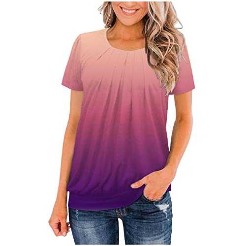Clazshciyㅤ Elegant Ladies Tops Cotton Womens T Shirts Short Sleeve Round Neck Shirt Blouses Floral Printed Pleated Tshirt Summer Dressy Soft Longline Outfits for Work Holiday