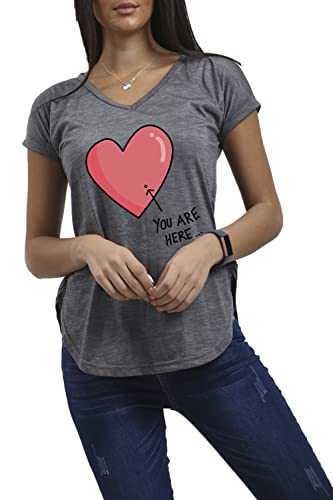 Fashion Star Womens Your are Here V Neck Curved Hem Turn Up Cap Sleeve Jersey T Shirt Top