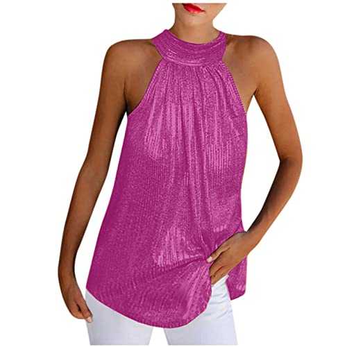 Ladies Elegant Sequins Vest Top Sleeveless Night Out Halterneck Cami Tops Glitter Sequins Sparkle Vest Camisole Tshirts for Night Club Party UK