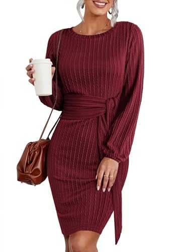 HOTOUCH Knitted Dress Women's Long-Sleeved Casual Dress with Round Neckline Elegant Sweater Dress