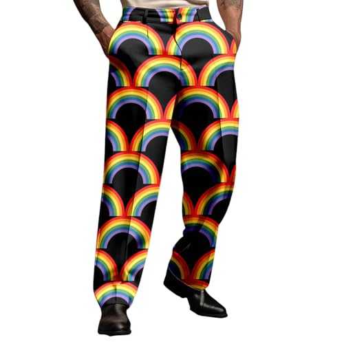Men's Slim Fit Suit Trousers Flat Front Straight Stretch Casual Trousers Rainbow Print Holiday Party Theme Long Trousers with Pocket Regular Fit Business Suit Trousers Classic Work Trousers